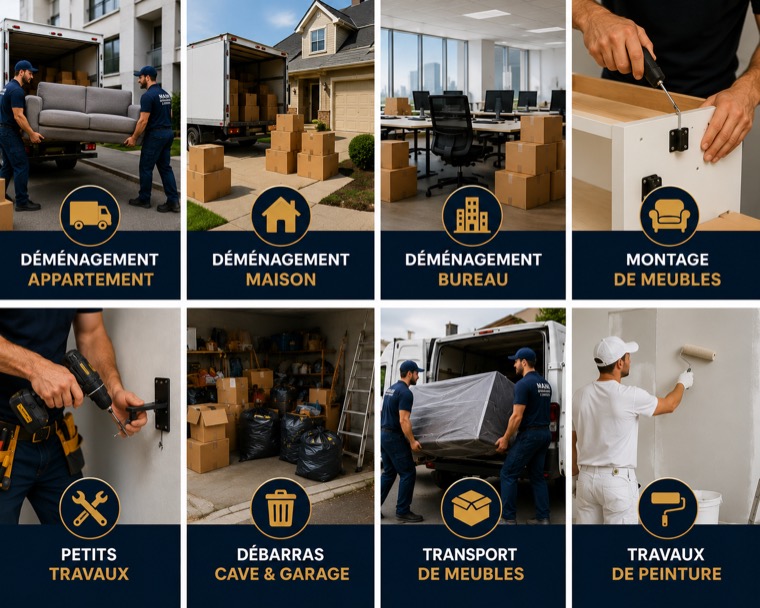 Tous les services Mani Transport & Services : déménagement appartement, maison et bureau, montage de meubles, petits travaux, débarras cave et garage, transport de meubles et travaux de peinture
